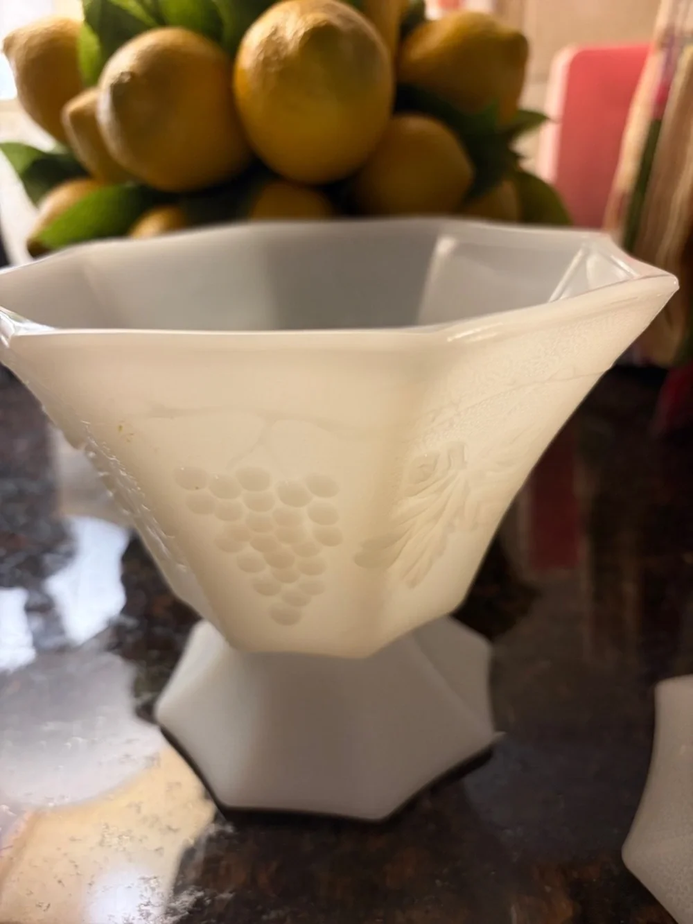 Milk Glass colony harvest grape pattern covered pedestal candy dish. 8” lid on.